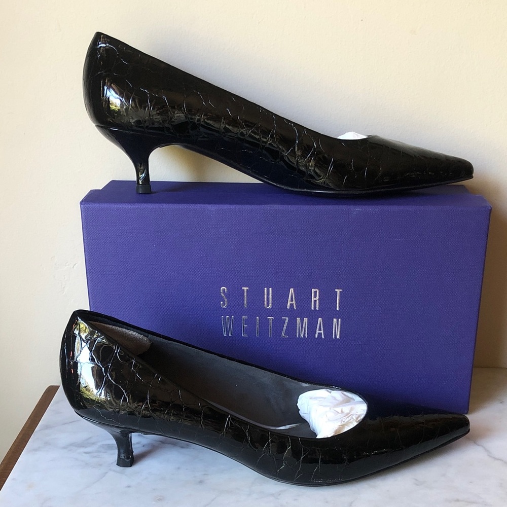 Stuart Weitzman Black Patent Croc-Embossed Kitten Heels